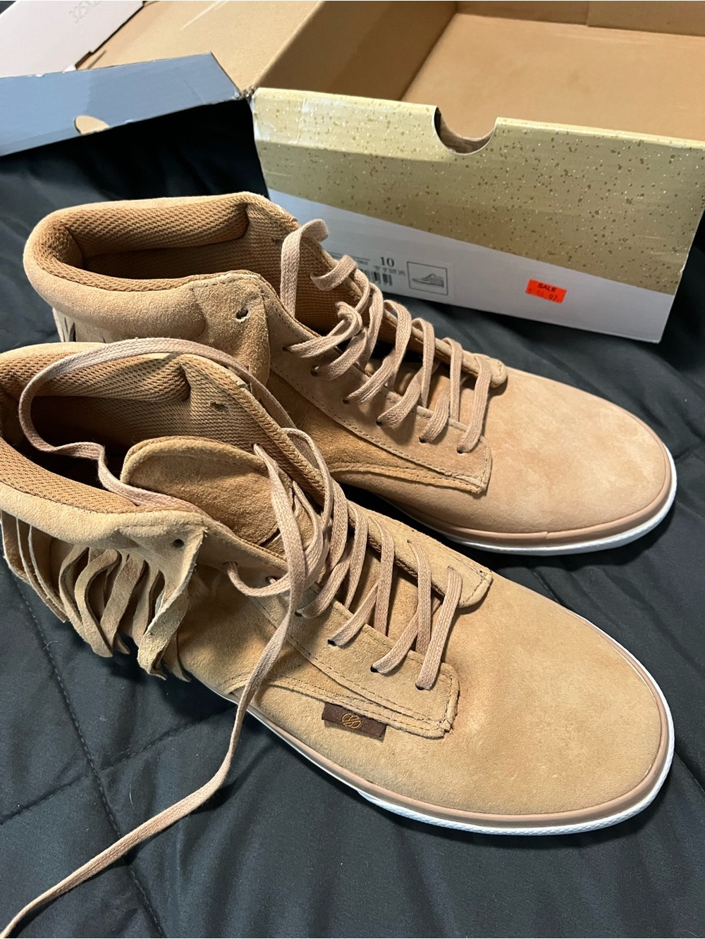 Men's Tan Suede Fringe High-Top Sneakers with White Sole - Picture 2 of 4